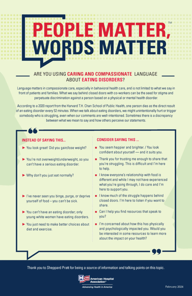Poster from the American Hospital Association explaining how compassionate language reduces stigma around eating disorders, with examples of harmful phrases and supportive alternatives.