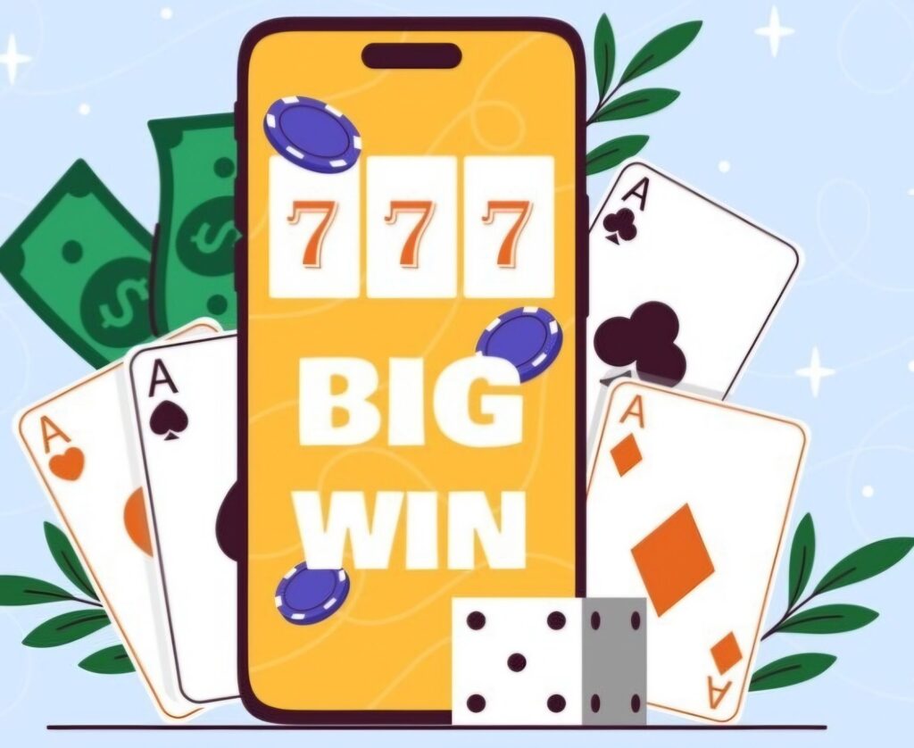 A cellphone with a gambling win displayed. The cellphone is surrounded by playing cards, dollar bills, and dark green branches. 