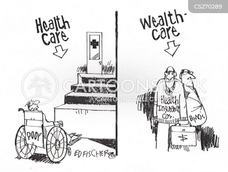Political cartoon portraying wealth disparities in healthcare,